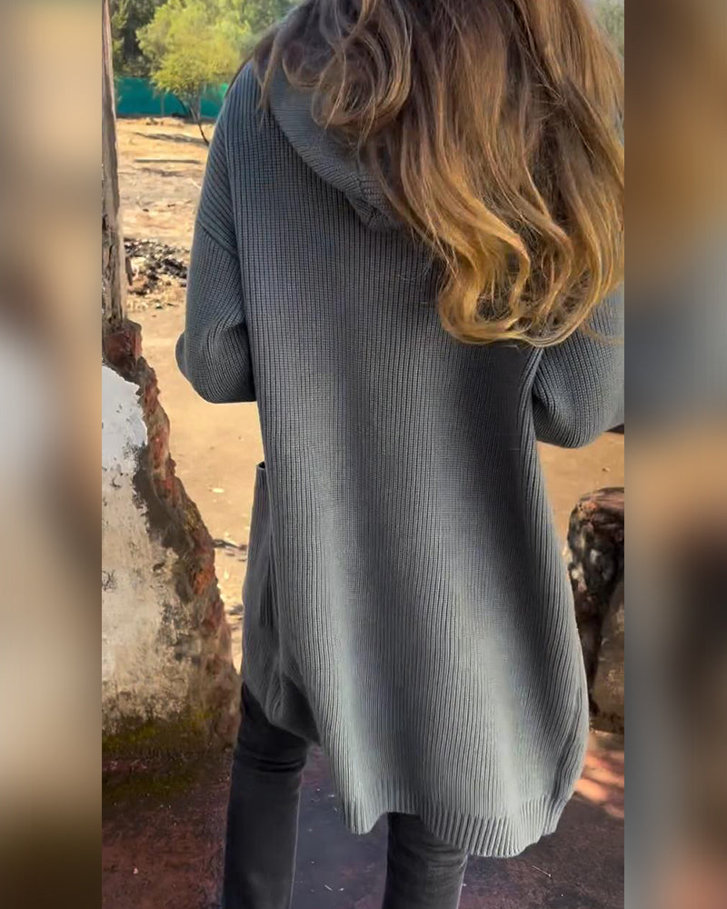 Pohodlný jednobarevný cardigan s kapucí, knoflíky a kapsou