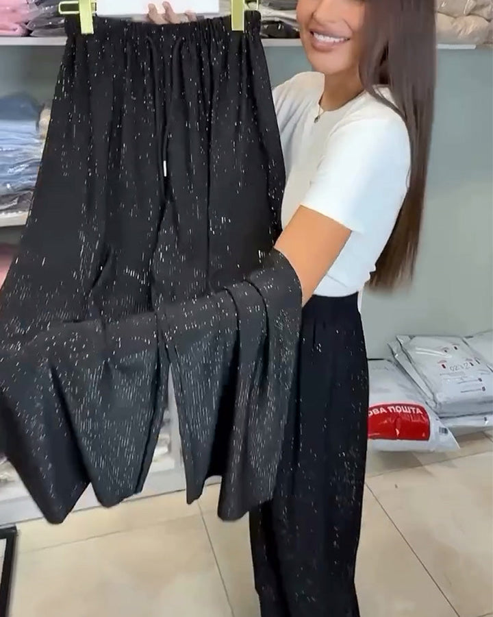 Elegantní lesklé široké kalhoty s vysokým pasem