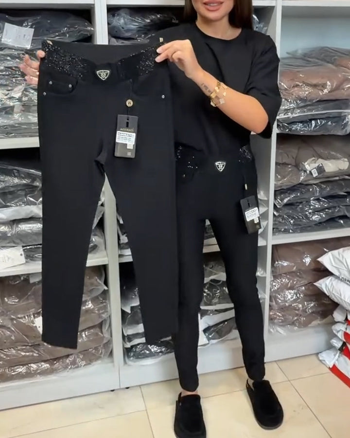 Elegantní jednobarevné elastické kalhoty