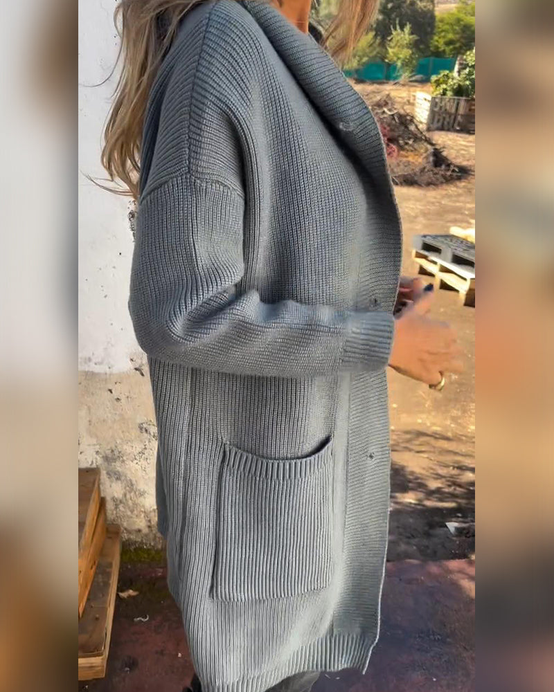 Pohodlný jednobarevný cardigan s kapucí, knoflíky a kapsou
