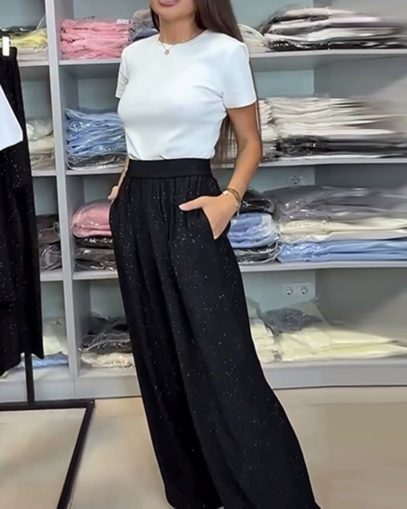 Elegantní lesklé široké kalhoty s vysokým pasem
