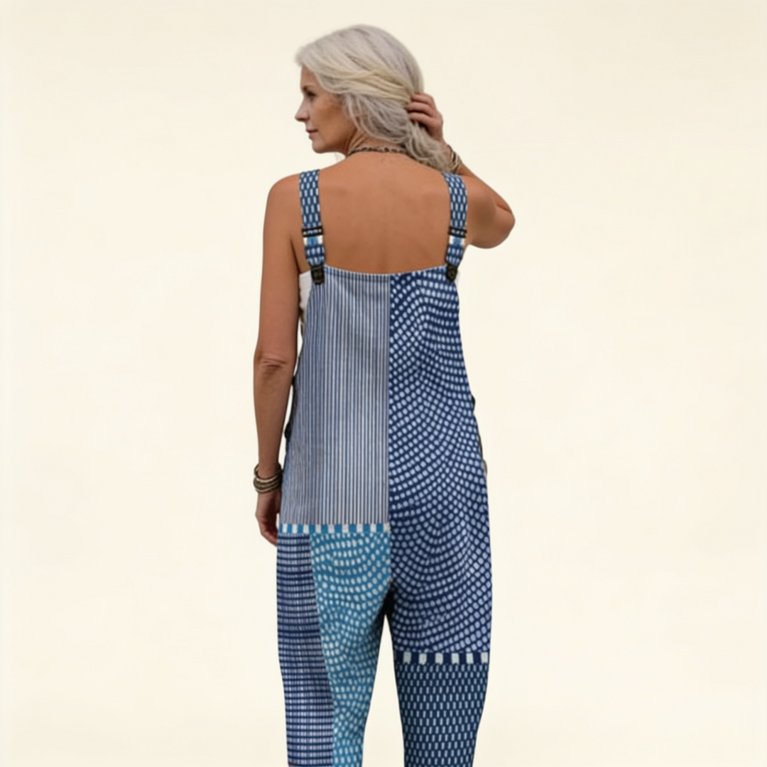 Isaline – kombinéza s grafickým modrým patchworkem
